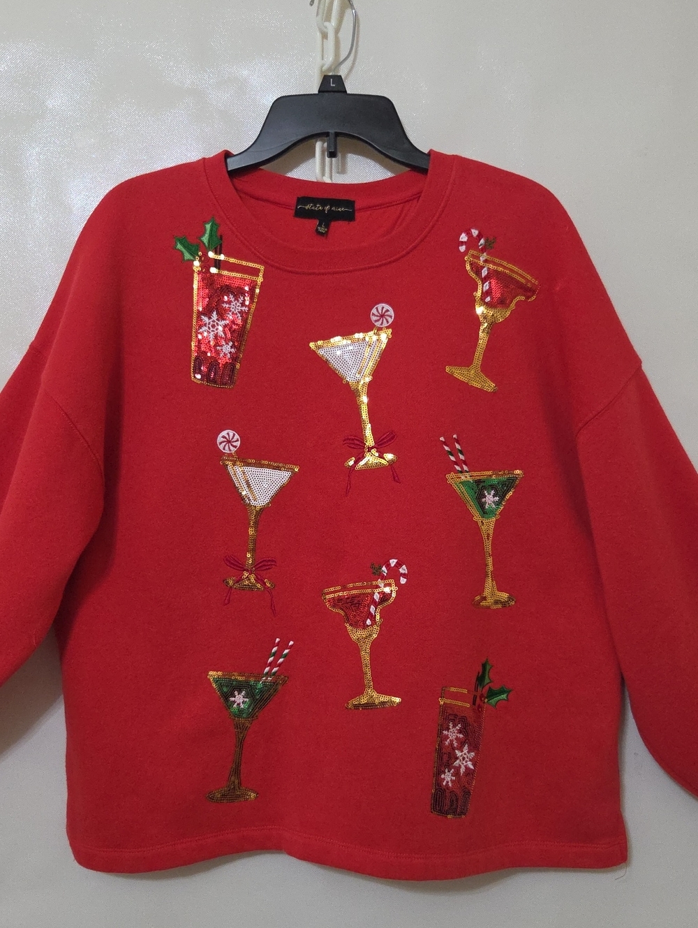 State of Mine Red Holiday Sequin Cocktail Pullover Sweatshirt - Size Large